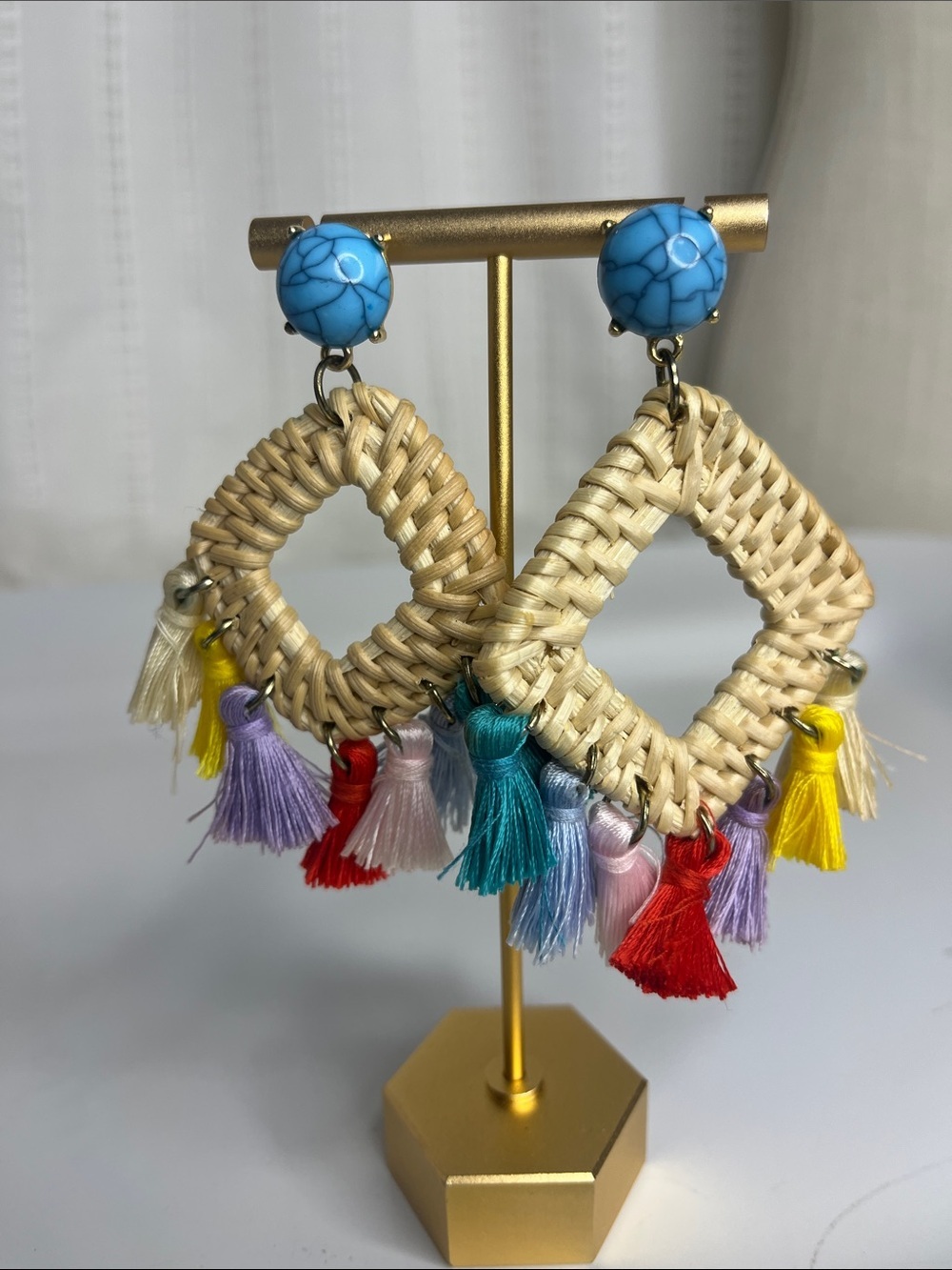 Boho Woven Diamond Tassel Earrings with Turquoise Button
